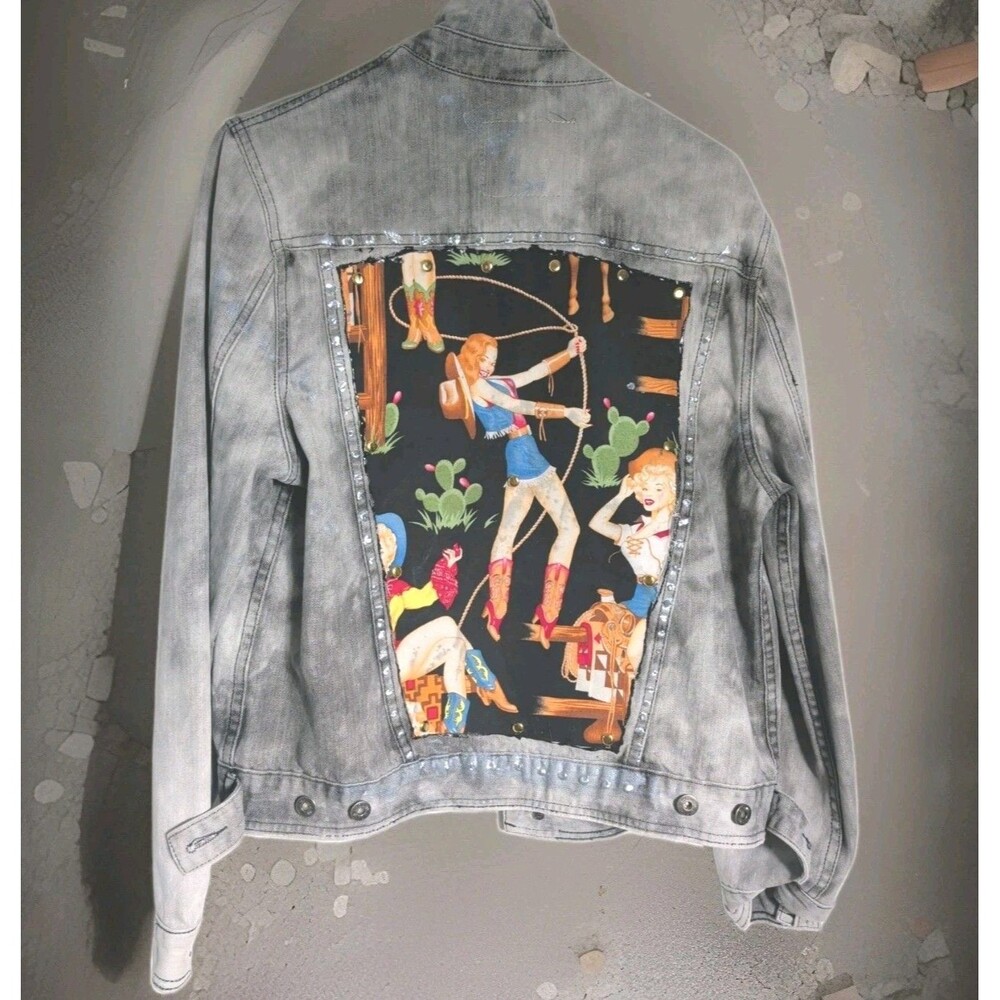 Ecko Unli Denim M Jacket Western Cowboy Black Jean Custom Distressed Unisex